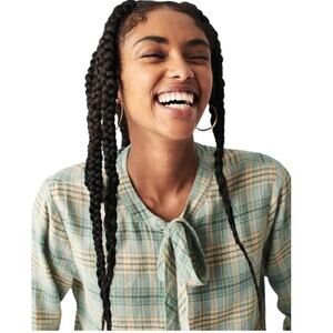 Faherty Daphne Blouse Womens M Sage Ellicott Blue Plaid Cottagecore Tie Peasant